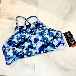 Speedo high neck bikini top large Turkish waters nwt blue white
